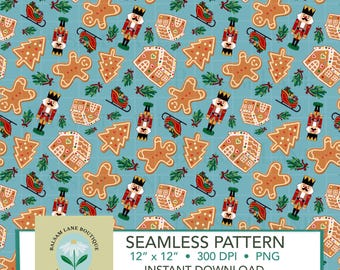 Christmas Gingerbread & Nutcracker Seamless Pattern on Aqua | Instant Download Festive Holiday Cookies Digital Paper Fabric Surface Design