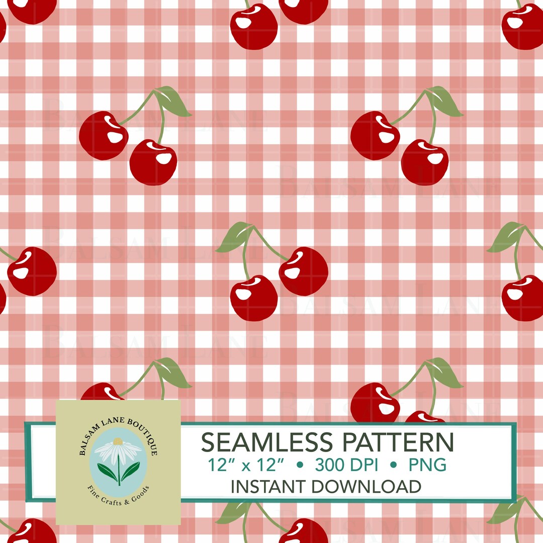Printable Cherries Pattern Cherries on Red Gingham Seamless Pattern | Instant Download PNG Digital ...