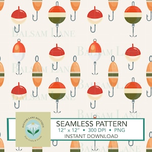 May include: Seamless pattern featuring various fishing bobbers and hooks in orange, red, green, and white. The design includes round and oblong bobbers with attached hooks, set against a cream background. The text "SEAMLESS PATTERN" is also included.