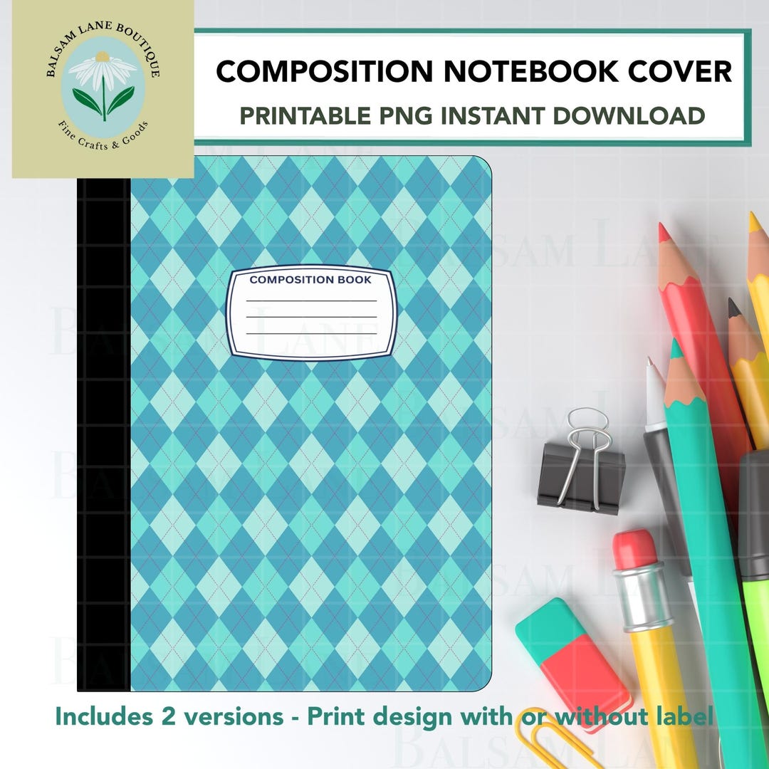 Teal Blue Argyle Printable Composition Notebook Cover PNG | Back to ...