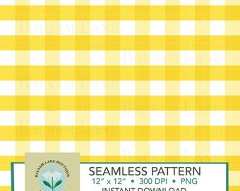 May include: A seamless pattern featuring a yellow and white gingham design. The pattern is a repeating grid of yellow and white squares. The image includes the text "SEAMLESS PATTERN 12" x 12" 300 DPI PNG INSTANT DOWNLOAD".