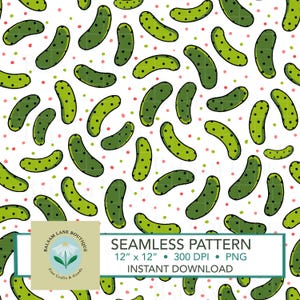 May include: A seamless pattern featuring green pickles with black dots on a white background with small green and pink dots. The pattern is 12 inches by 12 inches and 300 DPI. The text "SEAMLESS PATTERN", "12" x 12", "300 DPI", "PNG", and "INSTANT DOWNLOAD" is included in the image.