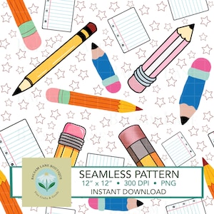 Pencils Seamless Pattern | Instant Download PNG Digital File HandDrawn Back to School Notebooks Stars Printable Paper Fabric Surface Design