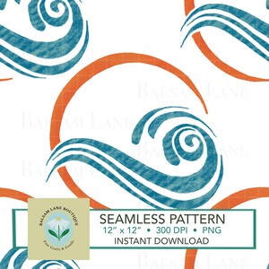Puede incluir: Diseño de patrón sin costuras con olas azules estilizadas y arcos naranjas sobre un fondo blanco. El diseño incluye el texto "SEAMLESS PATTERN 12" x 12" 300 DPI PNG INSTANT DOWNLOAD" en un rectángulo.