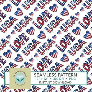 Puede incluir: Un patrón digital continuo con corazones y el texto LOVE USA en rojo, blanco y azul, con estrellas y rayas. Un recuadro muestra el texto BALSAM LANE BOUTIQUE, SEAMLESS PATTERN, 30,48 cm x 30,48 cm, 300 DPI, PNG, INSTANT DOWNLOAD.