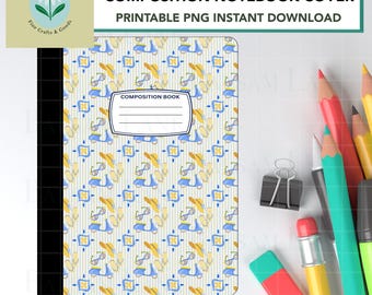 May include: Composition notebook cover with a repeating pattern of blue scooters, sunglasses, and hats on a striped background. The notebook has a white label that says "Composition Book". The text "Printable PNG Instant Download" is also visible.