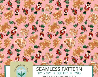 Nutcracker Gingerbread Cookie Seamless Pattern on Pink | Download Digital Papers Vinyl Fabric Surface Design Winter Pattern Christmas