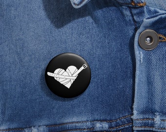 Strapped Heart Pin Buttons (White on Black)