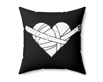 Strapped Heart Spun Polyester Square Pillow (White on Black)