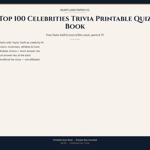 Puede incluir: Un libro de trivia imprimible titulado Top 100 Celebrities Trivia Printable Quiz Book de Heartland Paper Co. La página enumera características que incluyen a Taylor Swift como celebridad n.º 1, actores, músicos, atletas, opción múltiple y clave de respuestas.