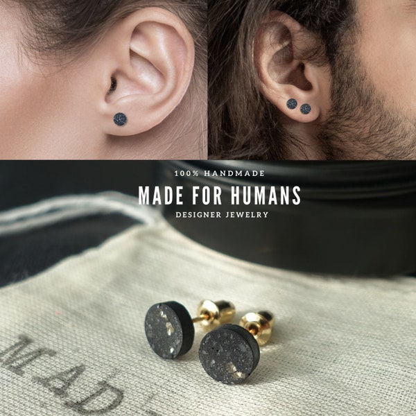 Handmade Minimalistic Concrete Unisex Ear Studs Ear Rings with 925 Sterling Silver- Unique Gift for Men Women Any Gender -   Small