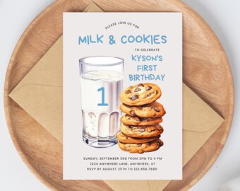 May include: A white invitation card with blue text that says "Please join us for Milk & Cookies to celebrate Kyson's First Birthday". The card features a glass of milk with the number "1" on it and a stack of chocolate chip cookies.