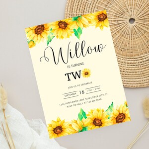 Sunflower Second Birthday Invitation, 2nd Birthday Invite, Boho Yellow Sunflowers Floral, Girl Birthday Party, Editable Template, EM004