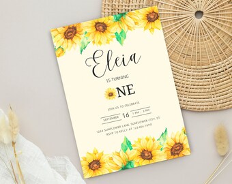 Sunflower First Birthday Invitation, 1st Birthday Invite, Boho Sunflowers Floral, Girl Birthday Party, Editable Printable Template, EM004