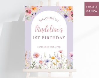 May include: Purple welcome sign with watercolor flowers and the text "Welcome to Madeline's 1st Birthday September 9th, 20XX".
