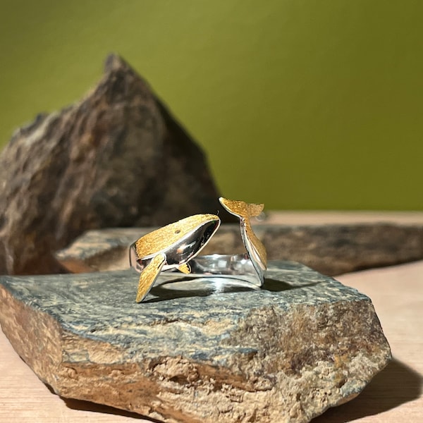 925 Sterling Silver 18k Gold Plated Whale Ring