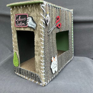 JAKarts Claws Salon Cat Rowhouse, Rowhome, Row house, cat house, handmade with carpet and shoelaces