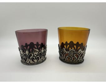 Vintage Orange & Purple Candle Votive Holders With Silver Accents Whimsigoth UV