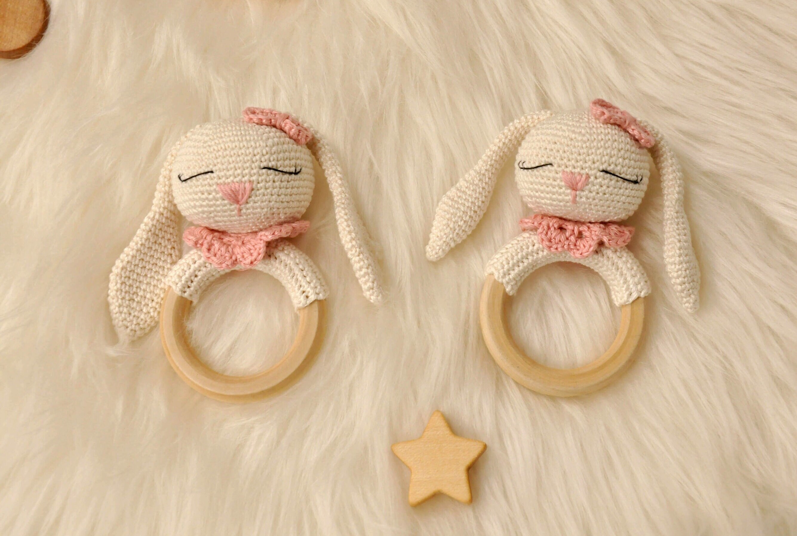 Handmade Wooden Handle Rabbit Rattle | Handmade Amigurumi Bunny Rattle ...