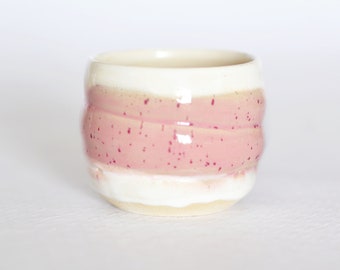 Handmade ceramic swirl coffee cup in strawberry ice cream pink and white, nordic style, chubby, 350 ML