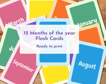 Tarjetas didácticas de los meses del año / Aprendizaje preescolar imprimible / Tarjetas de calendario para niños pequeños / Descarga digital / Recurso para la educación en casa