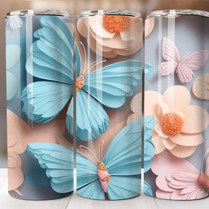 3D Butterflies in Blue, peach and White pastel colors Floral Sublimation Wrap, Paper style, 20 oz Straight Tumbler, Digital PNG Download.