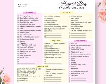 May include: A printable checklist for packing a hospital bag for a new mom, baby, and partner. The checklist is divided into sections for Mom, Baby, and Partner, with items such as nursing gowns, onesies, and toiletries. The checklist also includes a section for important documents and tech & extras.
