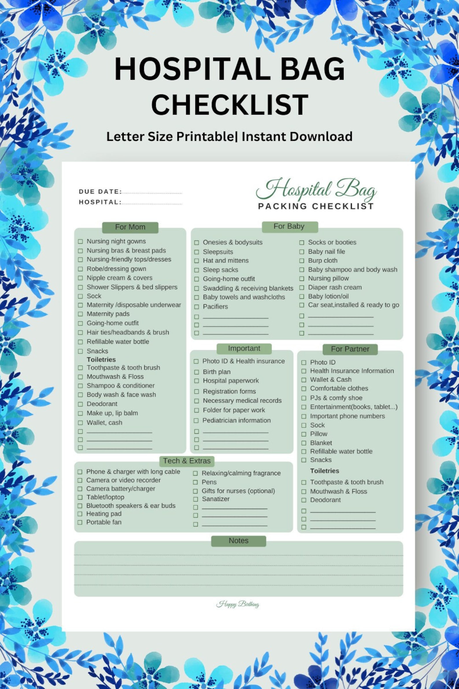 Labor and Delivery Checklist-hospital Bag Check List Mom Baby-printable ...