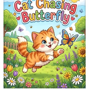 May include: A children's colouring book cover showing an orange tabby cat pursuing a blue and yellow butterfly in a vibrant garden. The title reads "Cat Chasing Butterfly" with the text "Coloring Book for Kids" underneath.