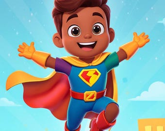 May include: A cartoon illustration of a young superhero with brown skin, wearing a blue and red costume with a yellow cape and gloves. The word "SUPERHERO" is written in yellow above the character. The background features a blue sky with stars and cartoon buildings.