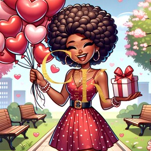 May include: A woman with curly black hair is holding a bouquet of red and pink heart-shaped balloons and a wrapped gift. She is wearing a red polka dot dress with a black belt and a gold necklace. The background is a city street with cherry blossom trees and benches.