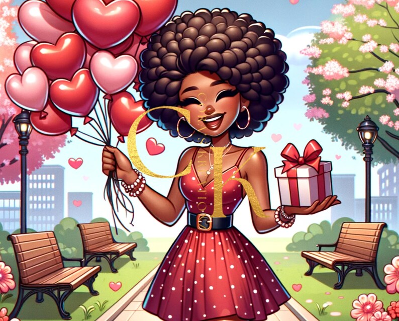 May include: A woman with curly black hair is holding a bouquet of red and pink heart-shaped balloons and a wrapped gift. She is wearing a red polka dot dress with a black belt and a gold necklace. The background is a city street with cherry blossom trees and benches.