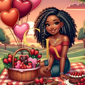 May include: A picnic basket filled with chocolate hearts and strawberries, a chocolate cake with strawberries on top, and a woman with curly black hair sitting on a red and white checkered blanket. The scene is set in a park with green grass and trees, and there are red heart-shaped balloons in the background.