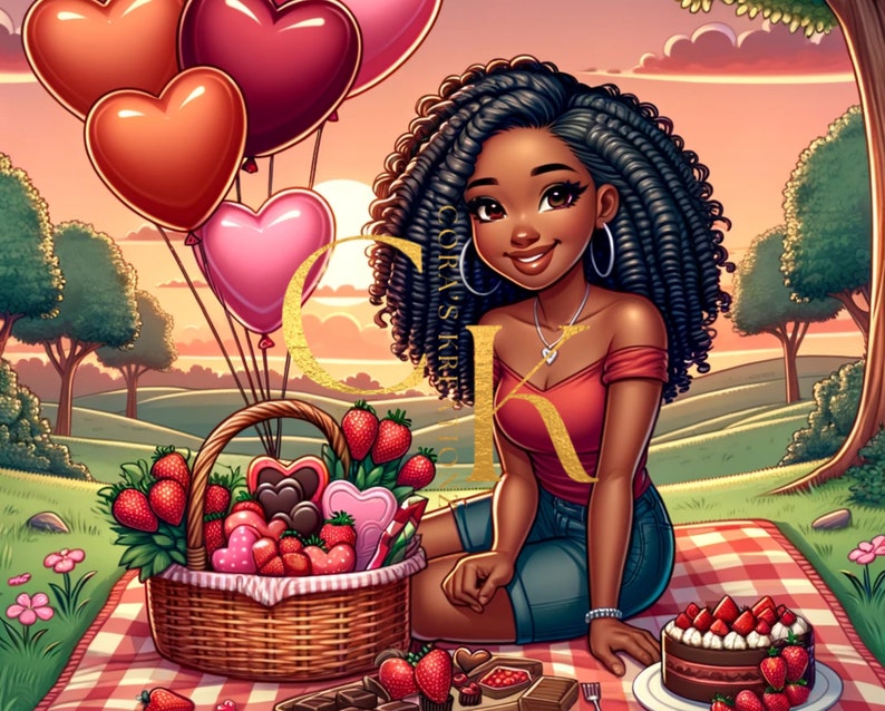 May include: A picnic basket filled with chocolate hearts and strawberries, a chocolate cake with strawberries on top, and a woman with curly black hair sitting on a red and white checkered blanket. The scene is set in a park with green grass and trees, and there are red heart-shaped balloons in the background.
