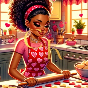 May include: A woman with curly brown hair is baking in a kitchen. She is wearing a pink shirt and a red apron with white hearts. She is using a rolling pin to roll out dough on a baking sheet. There are cookies on the counter and in a bowl.