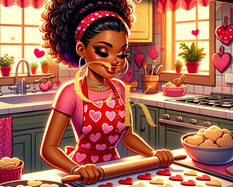 May include: A woman with curly brown hair is baking in a kitchen. She is wearing a pink shirt and a red apron with white hearts. She is using a rolling pin to roll out dough on a baking sheet. There are cookies on the counter and in a bowl.