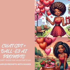 May include: Two illustrations of Black women in a Valentine's Day theme. The first image shows a woman in a red polka dot dress holding a bouquet of heart-shaped balloons and a gift box. The second image shows a woman in a red top and blue jeans sitting on a picnic blanket with a basket of strawberries and chocolates.