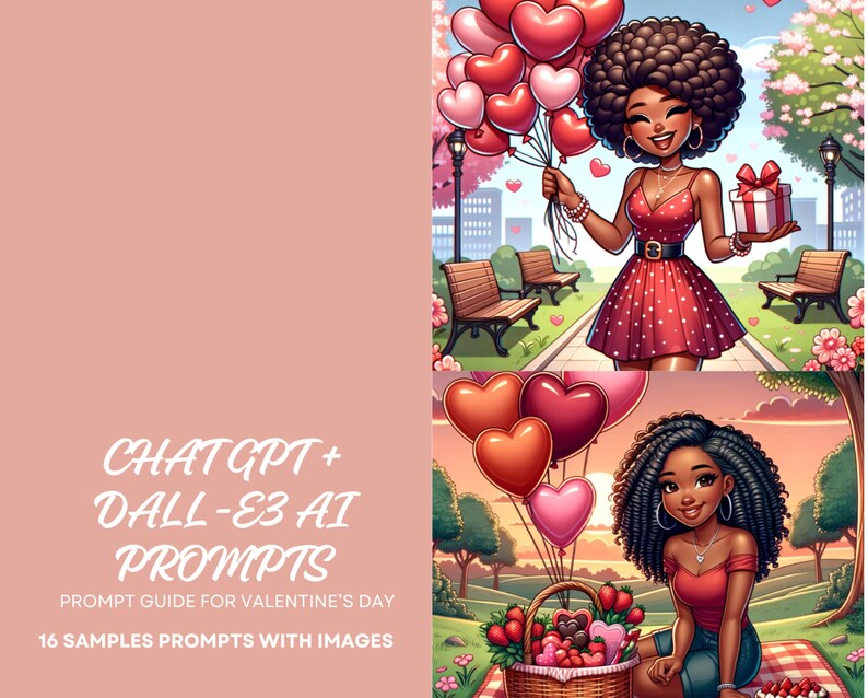 May include: Two illustrations of Black women in a Valentine's Day theme. The first image shows a woman in a red polka dot dress holding a bouquet of heart-shaped balloons and a gift box. The second image shows a woman in a red top and blue jeans sitting on a picnic blanket with a basket of strawberries and chocolates.
