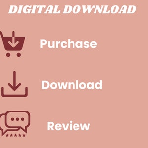 May include: A digital download process is illustrated with three icons. A shopping cart with a downward arrow, a download arrow, and a speech bubble with stars. The text "Purchase", "Download", and "Review" are below each icon.