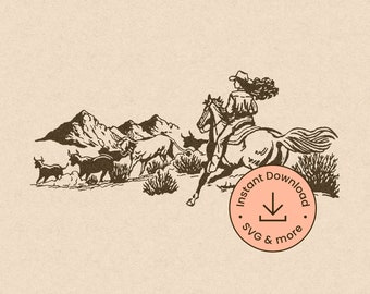 Cowgirl Country Cattle Wrangler Svg, Boho Bohemian Western, 1950s Chic Woman Silhouette, Retro cowgirl, Vintage illustration, Western vector