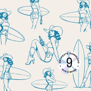 Retro Coastal Cowgirl Surfer SVG Western Bundle Surfing Waves Illustration Boho T-Shirt Beer Beach Graphic Transparent PNG Digital Download