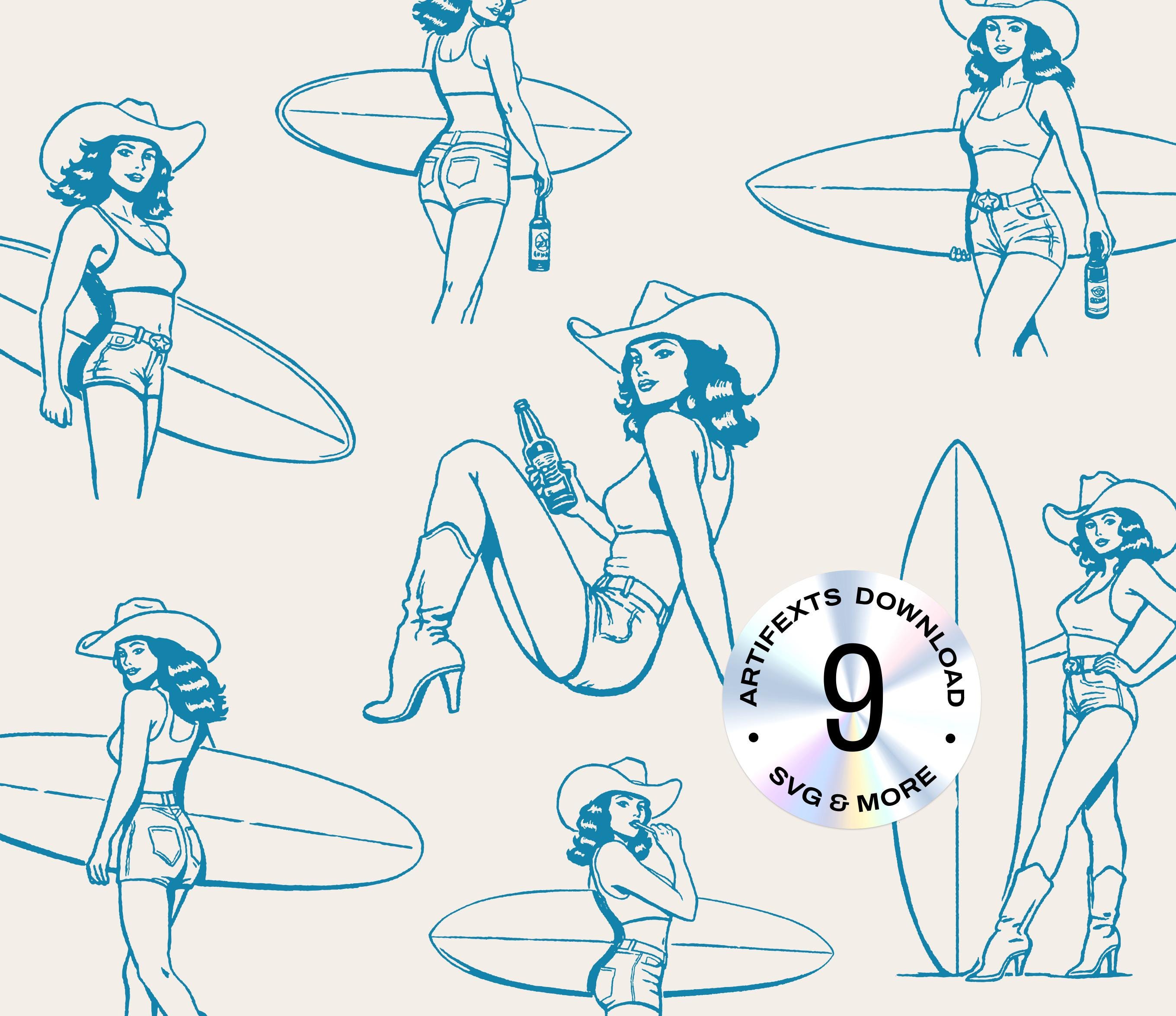 Retro Coastal Cowgirl Surfer SVG Western Bundle Surfing Waves Illustration Boho T-Shirt Beer Beach Graphic Transparent PNG Digital Download