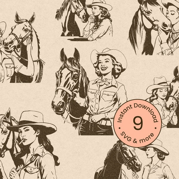 Retro Western Cowgirl Bundle Svg, Retro Boho Western Clipart, 1950s chic characters, Vintage Woman Silhouette Illustration Png, Dxf, Digital