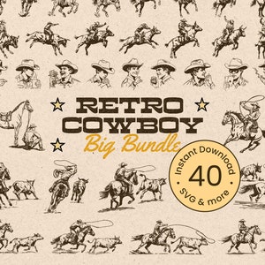 Retro Cowboy Illustration Bundle: Western Rodeo Graphics (SVG, PNG Digital Download)