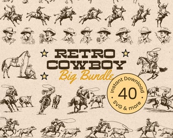 Retro Country Cowboy Big Bundle SVG Vintage Western Bronco Rodeo Horse Riding Illustration T-Shirt Graphic Transparent PNG Digital Download