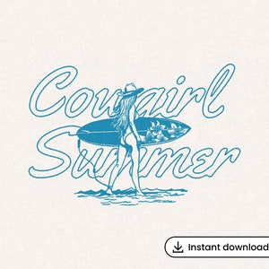 Cowgirl Summer SVG Retro Coastal Surf Girl Illustration Boho Western Floral Surfboard T-shirt Beach Graphic Transparent PNG Digital Download