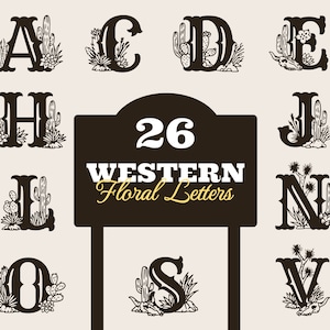 Alfabeto floral SVG, letras de monogramas florais, 26 letras florais casamento de cowboy, clipart de letras do deserto, vetor de alfabeto, arquivos cortados, png, dxf