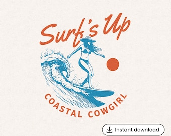 Cowgirl Surfer Illustration, Retro Boho Coastal Graphic (Digital Download)