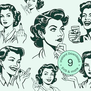 Vintage Woman Bundle Svg, Retro Housewife Clipart, 1950s Atomic Characters, Fashion, Girl Silhouette Illustration Png, Dxf, Digital Graphic