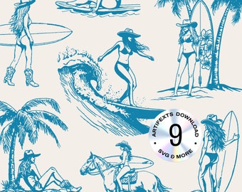 Retro Western Coastal Cowgirl SVG Bundle Surfing Waves Illustration Boho T-Shirt Sunshine Beach Graphic Transparent PNG Digital Download